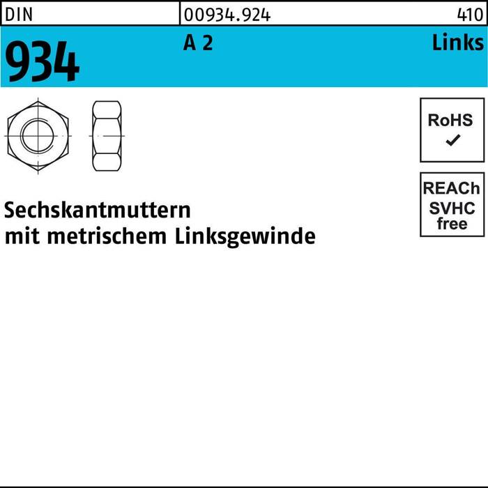 Sechskantmutter DIN 934 links M16 -LH A 2 (- 70) 25 Stück