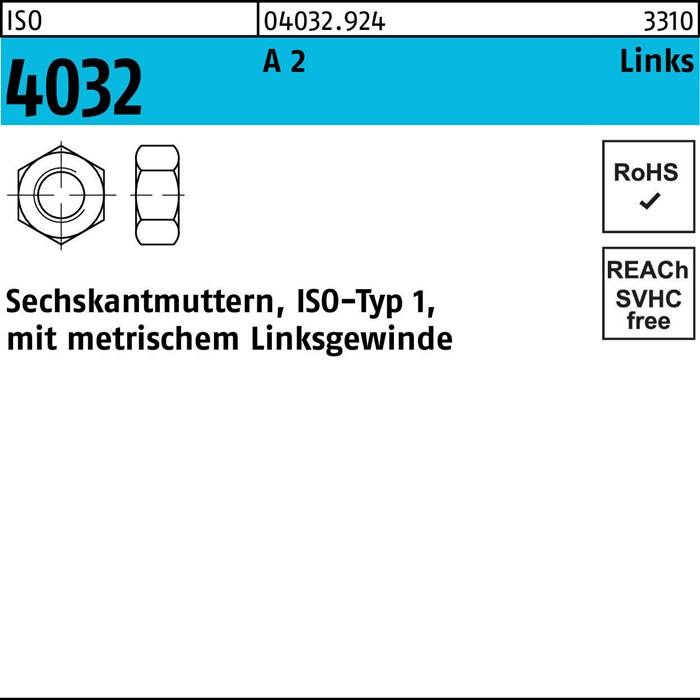 Sechskantmutter ISO 4032 links M16 A 2 (- 70) 25 Stück