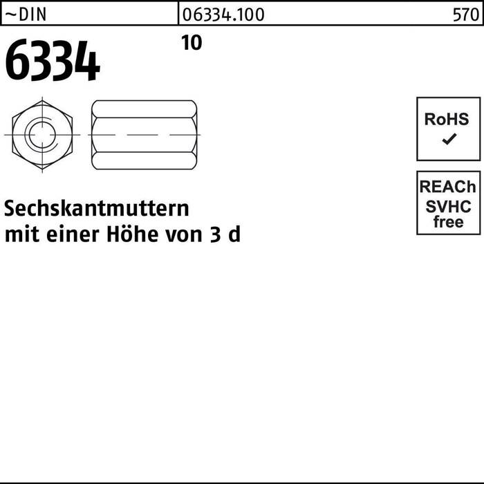Sechskantmutter DIN 6334 M8 SW 13 10 100 Stück