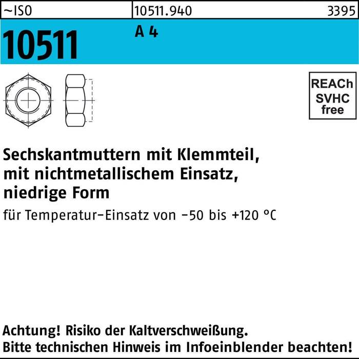 Sechskantmutter ISO 10511 Klemmteil M16 A 4 250 Stück