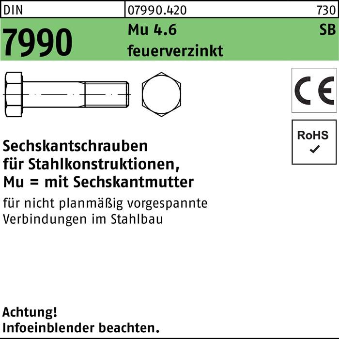 Sechskantschraube DIN 7990 CE Sechskantmutter M12x55 4.6 feuerverz. 100St.