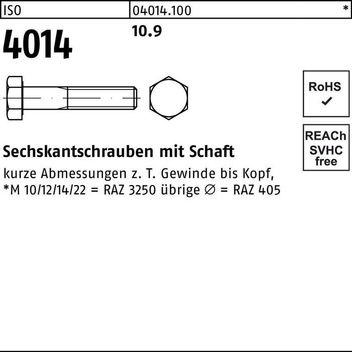 Sechskantschraube ISO 4014 Schaft M6x 45 10.9 200 Stück