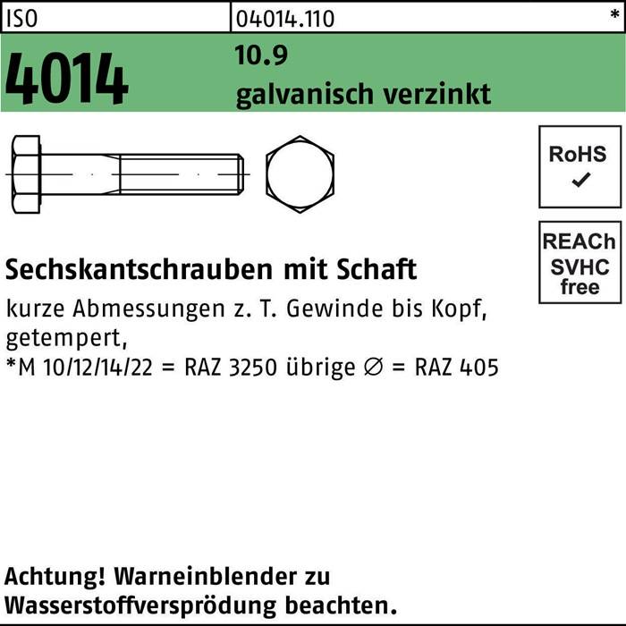 Sechskantschraube ISO 4014 Schaft M14x 50 10.9 galv.verz. 50 Stück