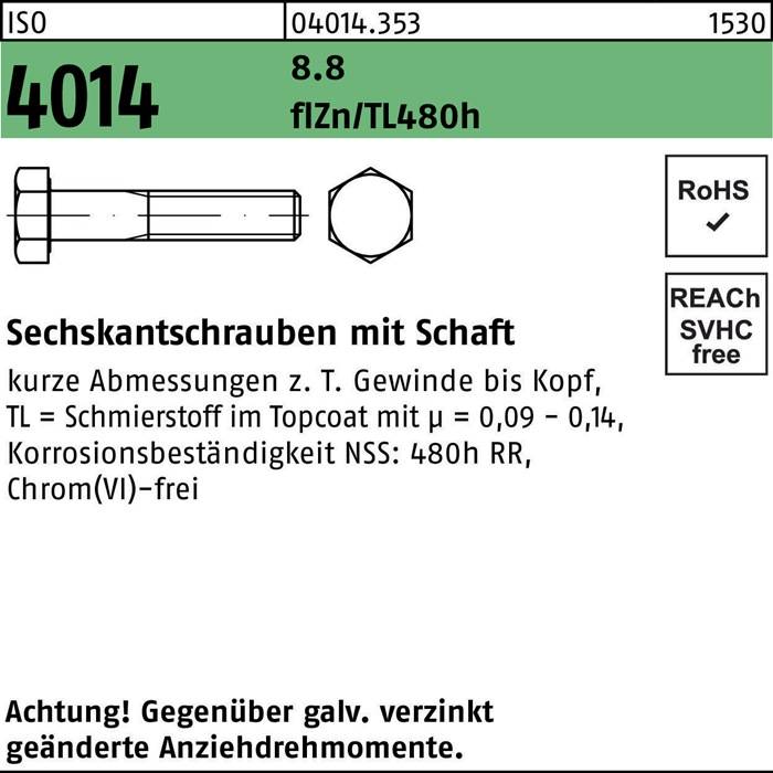 Sechskantschraube ISO 4014 Schaft M6x55 8.8 flZnnc 480h-L 200St.