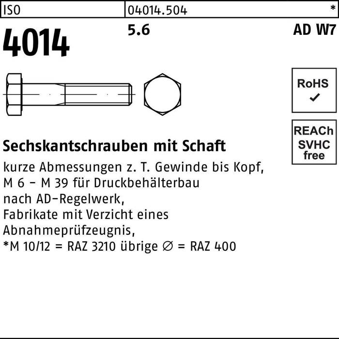 Sechskantschraube ISO 4014 Schaft M12x 100 5.6 W7 50 Stück