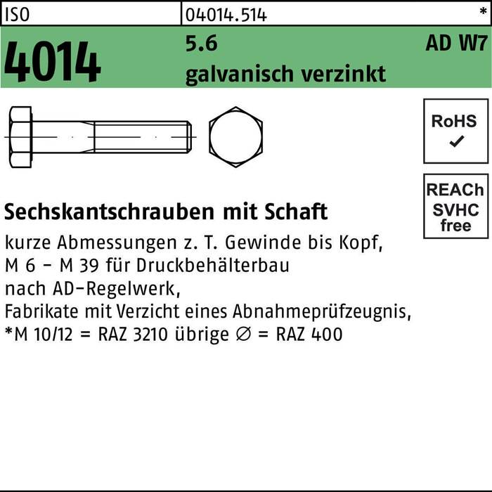 Sechskantschraube ISO 4014 Schaft M24x 160 5.6 W7 galv.verz. 10St.