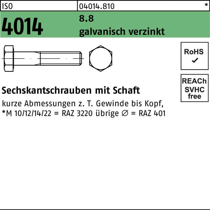 Sechskantschraube ISO 4014 Schaft M10x 220 8.8 galv.verz. 50 Stück