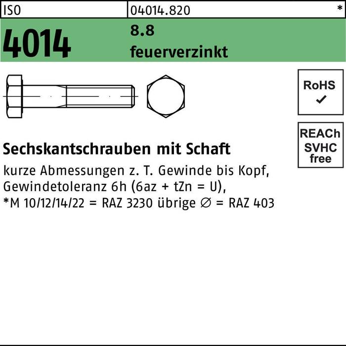 Sechskantschraube ISO 4014 Schaft M10x 60 8.8 feuerverz. 100 Stück