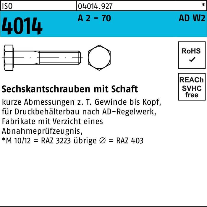 Sechskantschraube ISO 4014 Schaft M20x 65 A 2 - 70 AD-W2 25 Stück