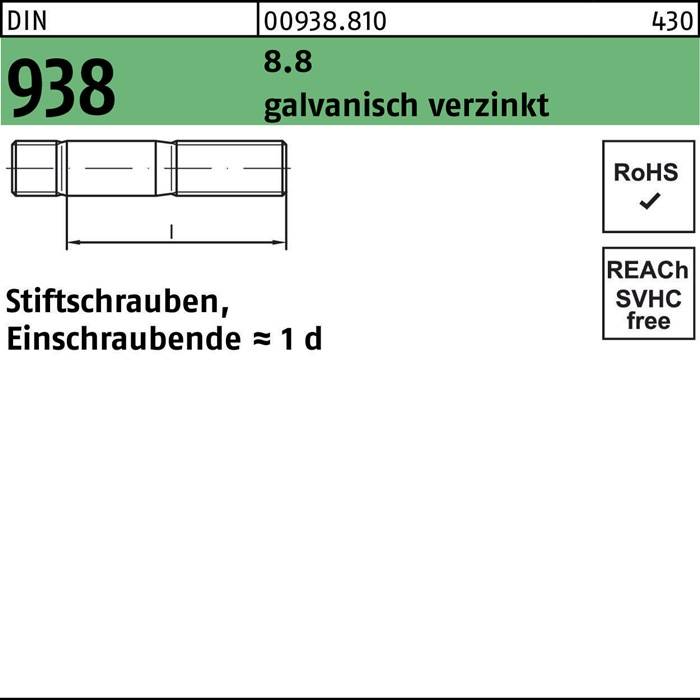 Stiftschraube DIN 938 M8x 25 8.8 galv.verz. 50 Stück