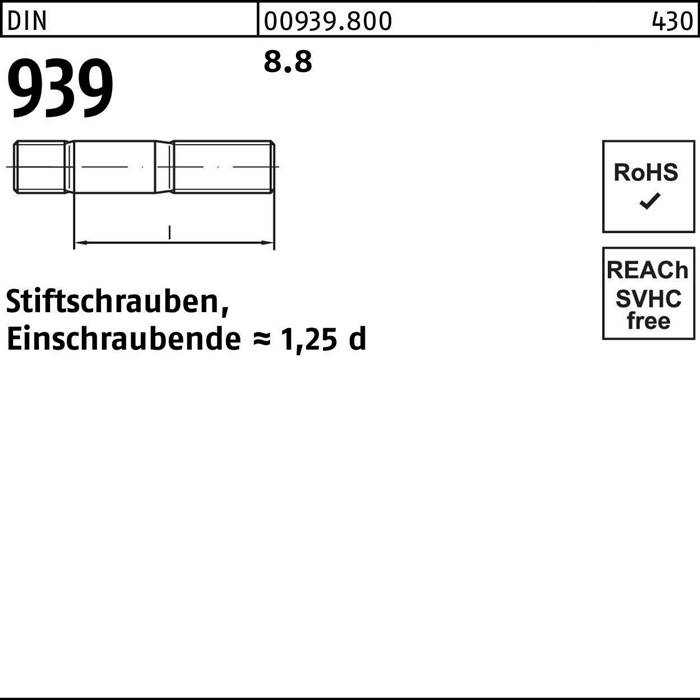 Stiftschraube DIN 939 M20x 130 8.8 Einschraubende=1,25d 10 Stück