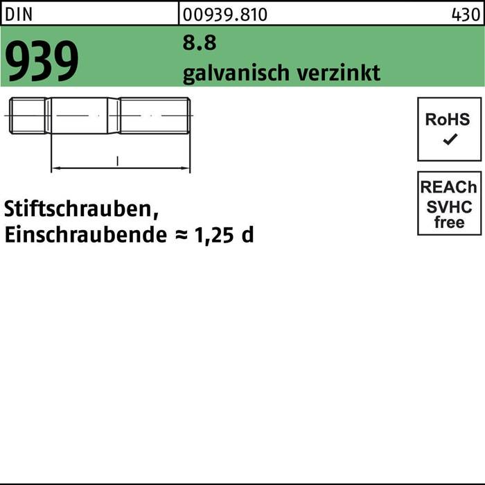Stiftschraube DIN 939 M16x40 8.8 galv.verz. Einschraubende=1,25d 25St.