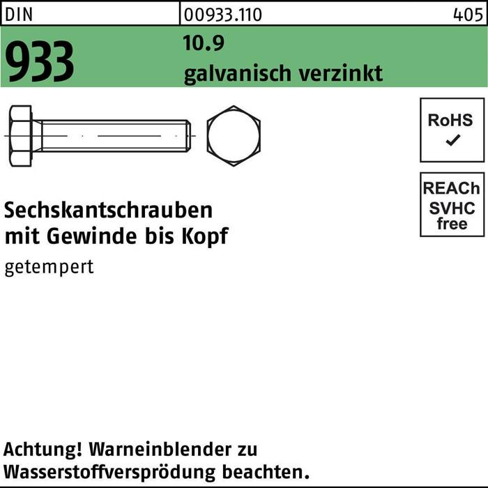 Sechskantschraube DIN 933 VG M12x 160 10.9 galv.verz. 25 Stück