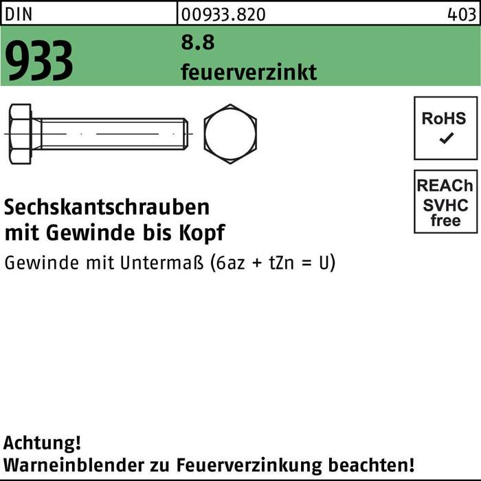 Sechskantschraube DIN 933 VG M12x 50 8.8 feuerverz. 100 Stück