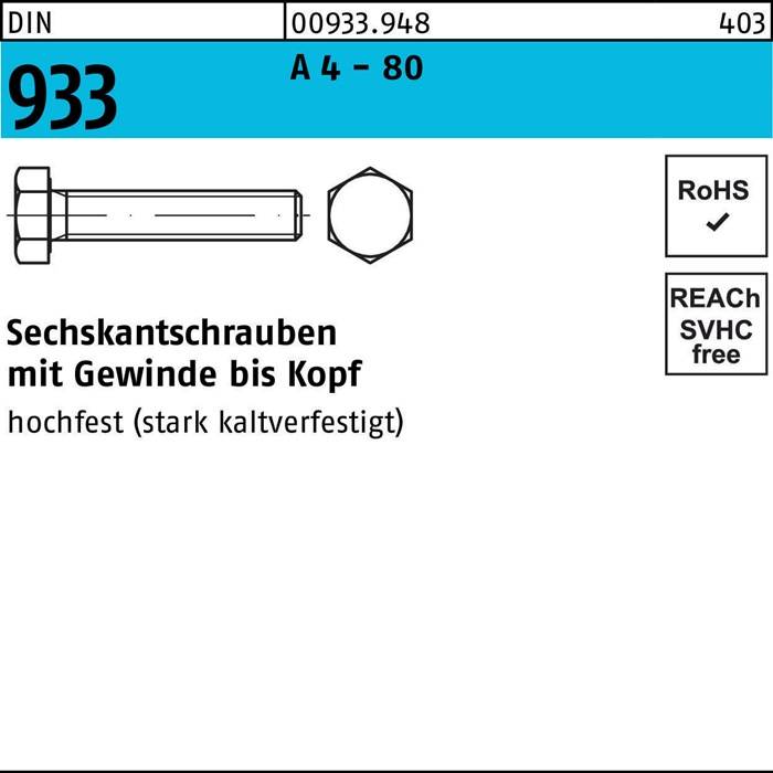Sechskantschraube DIN 933 VG M12x 25 A 4 - 80 100 Stück