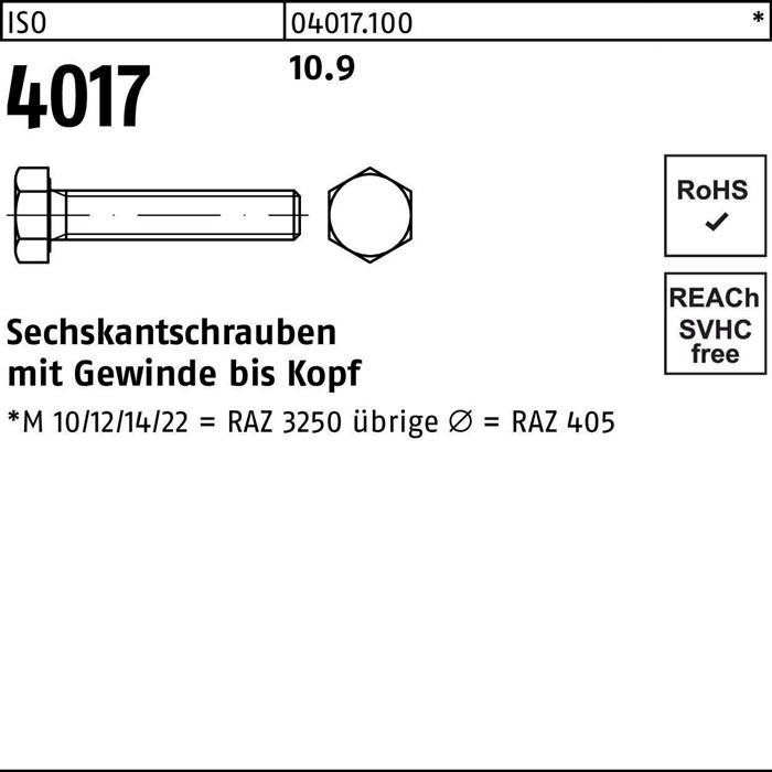 Sechskantschraube ISO 4017 VG M6x 12 10.9 100 Stück