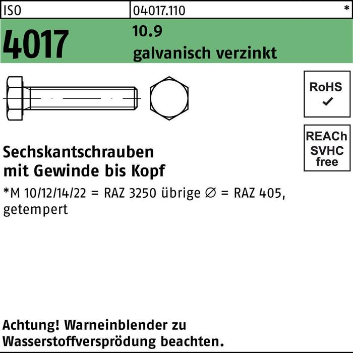Sechskantschraube ISO 4017 VG M12x 80 10.9 galv.verz. 50 Stück