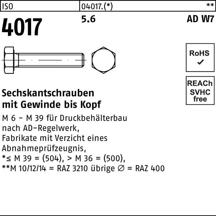 Sechskantschraube ISO 4017 VG M 24 x 200 5.6 AD W7 10 Stück