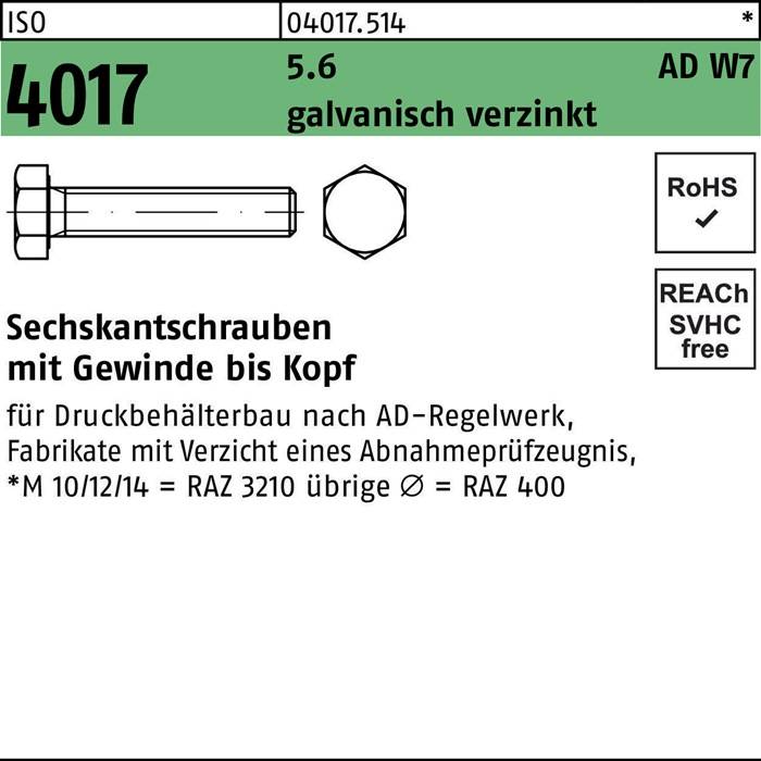 Sechskantschraube ISO 4017 VG M12x 20 5.6 AD W7 galv.verz. 100 Stück