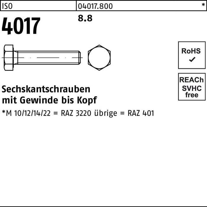 Sechskantschraube ISO 4017 VG M12x 170 8.8 25 Stück