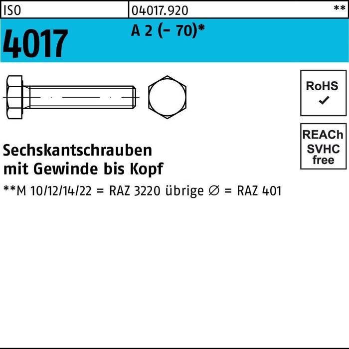 Sechskantschraube ISO 4017 VG M 24 x 100 A 2 (- 70) 10 Stück