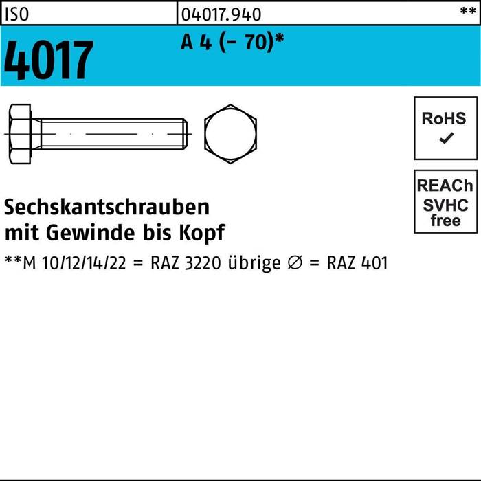 Sechskantschraube ISO 4017 VG M 20 x 110 A 4 (- 70) 10 Stück