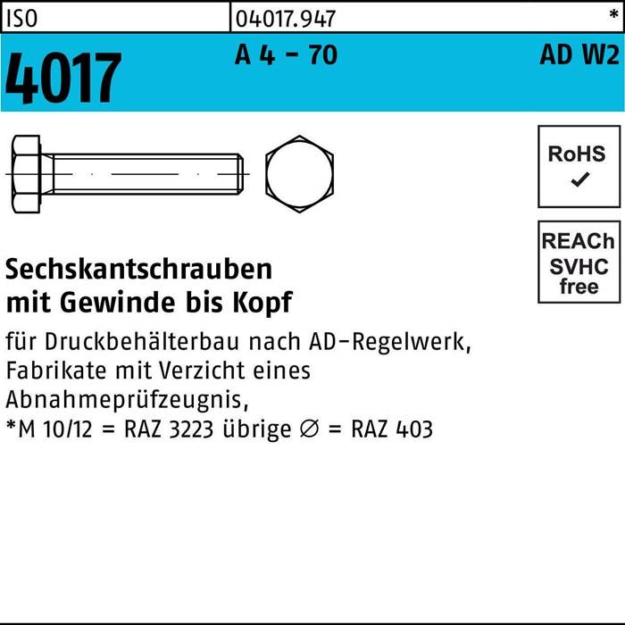 Sechskantschraube ISO 4017 VG M6x 12 A 4 - 70 AD-W2 200 Stück
