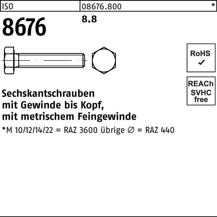 Sechskantschraube ISO 8676 VG M12x1,25x100 8.8 50 Stück