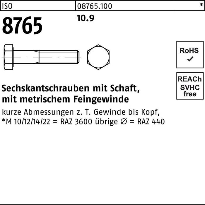 Sechskantschraube ISO 8765 Schaft M12x1,25x 45 10.9 100 Stück