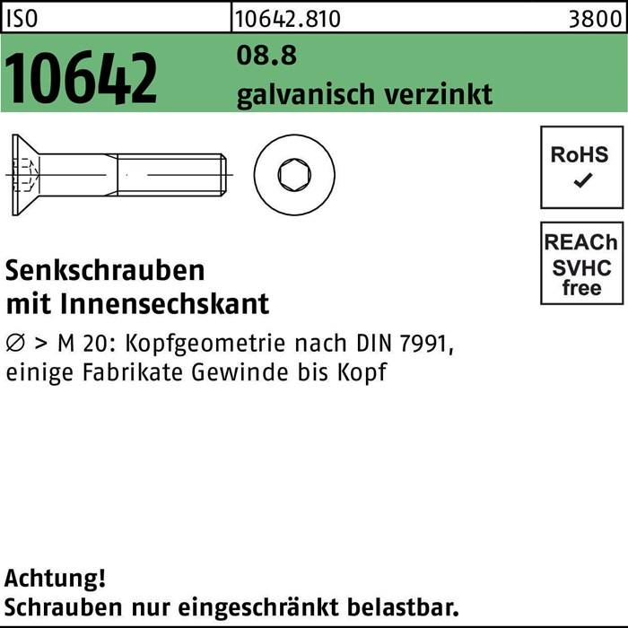 Senkschraube ISO 10642 Innen-6kt M10x 45 8.8 galv.verz. 100Stück