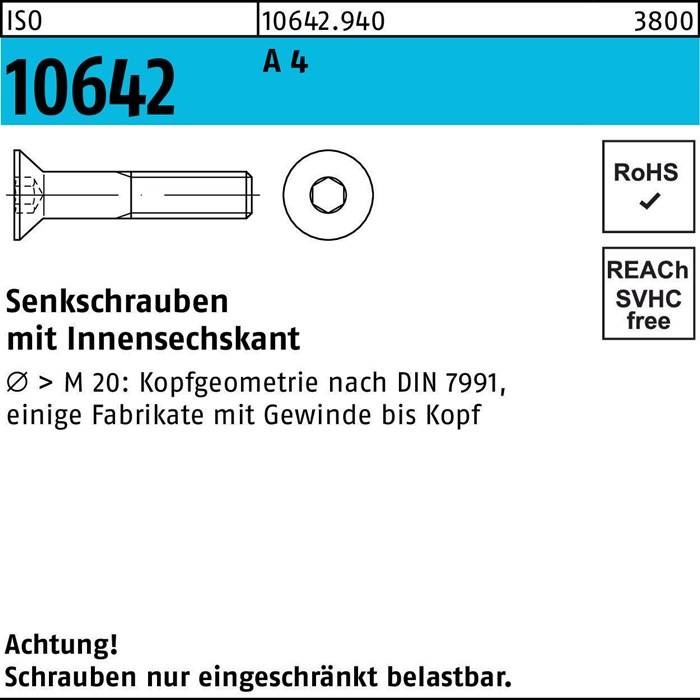 Senkschraube ISO 10642 Innen-6kt M6x 60 A 4 100 Stück
