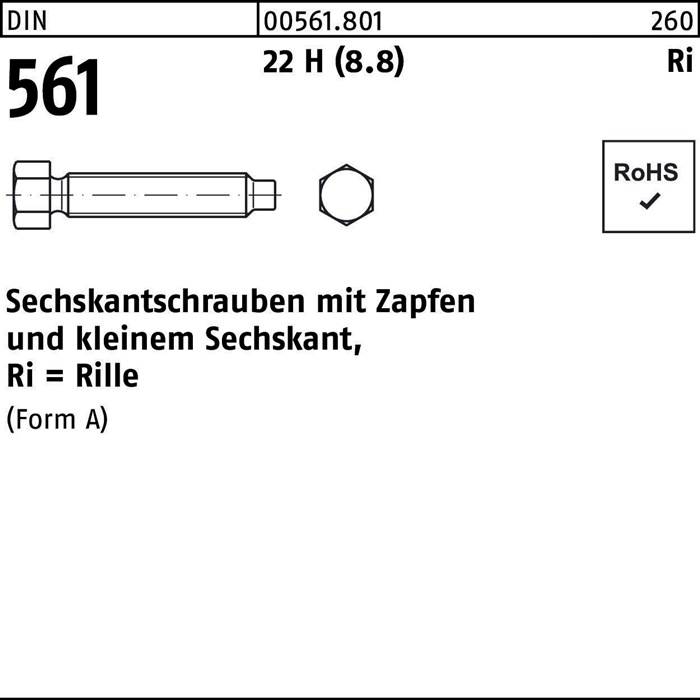 Sechskantschraube DIN 561 Zapfen AM 8x 16 22 H (8.8) 100 Stück