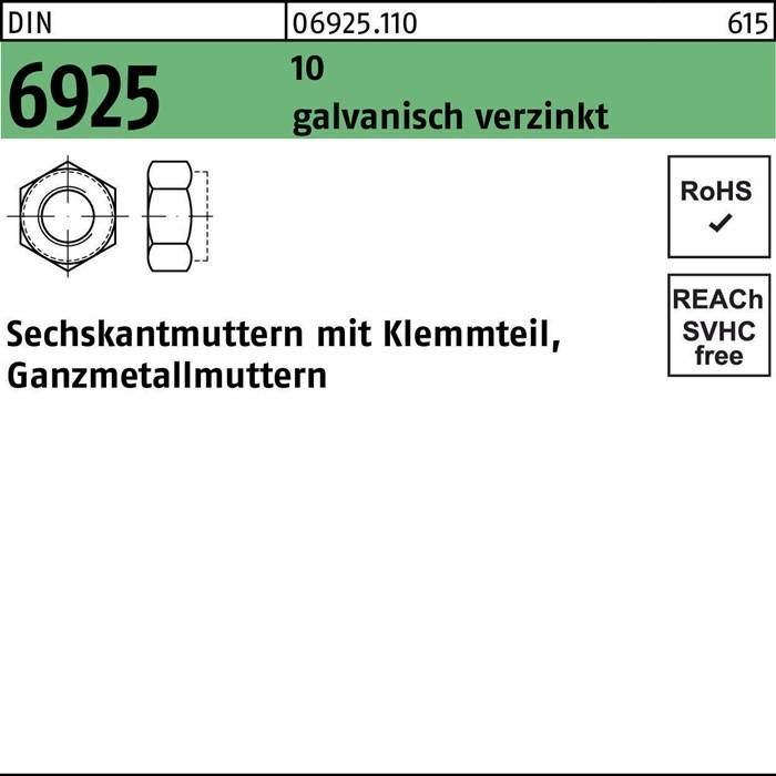 Sechskantmutter DIN 6925 Klemmteil M10 10 galv.verz. 100 Stück