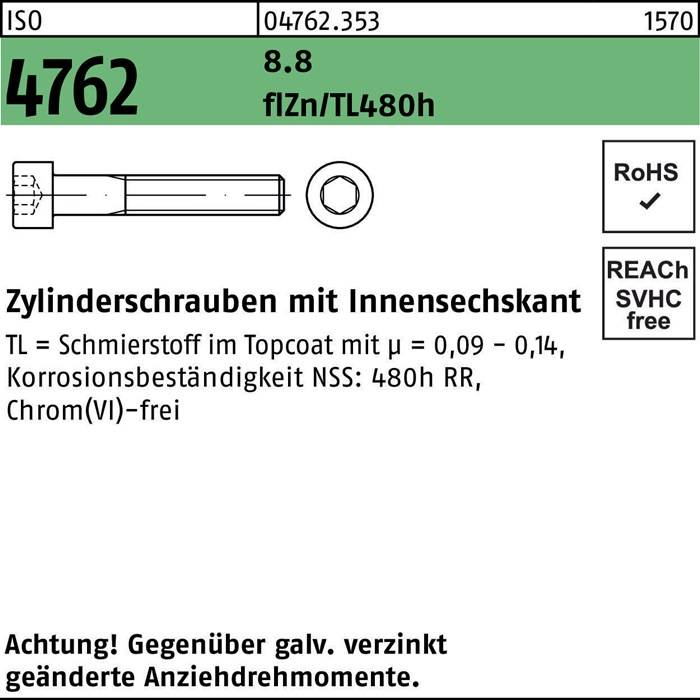 Zylinderschraube ISO 4762 Innen-6kt M6x22 8.8 flZnnc 480h-L 500St.