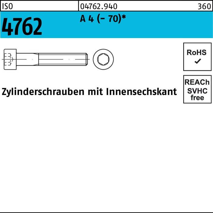 Zylinderschraube ISO 4762 Innen-6kt M6x 70 A 4 (- 70) 100 Stück