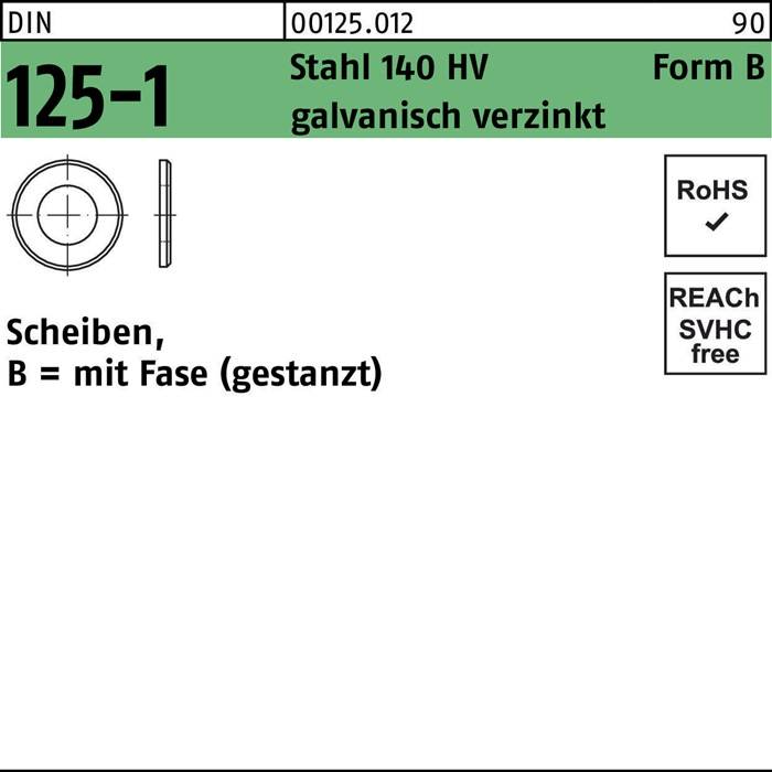 Unterlegscheibe DIN 125-1 B 17x30x3 Stahl 140 HV galv.verz. gestanzt 250St.