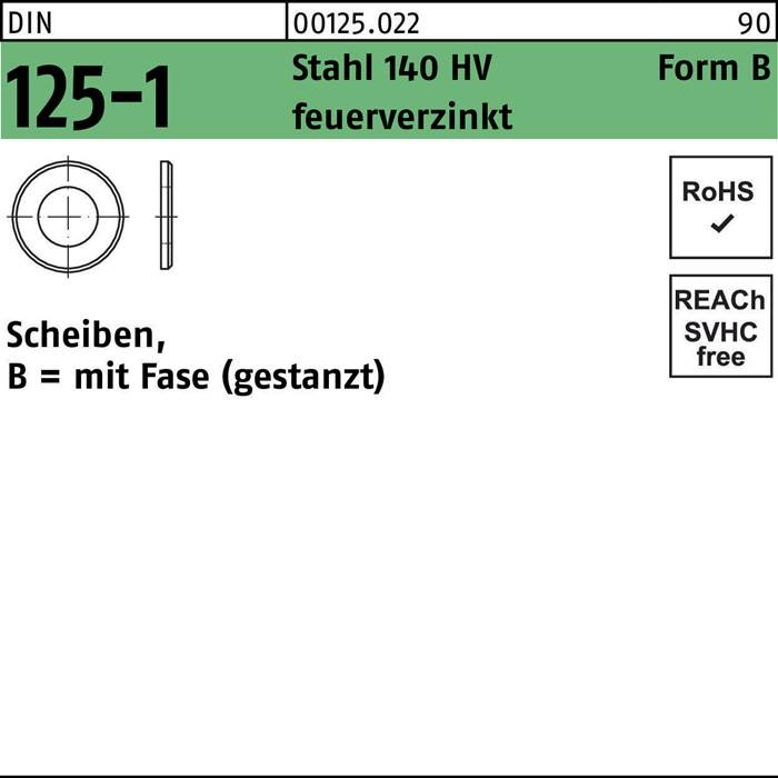 Unterlegscheibe DIN 125-1 B 25x44x4 Stahl 140 HV feuerverz. gestanzt 100St.