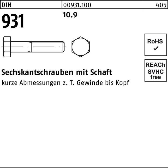 Sechskantschraube DIN 931 Schaft M10x 70 10.9 100 Stück
