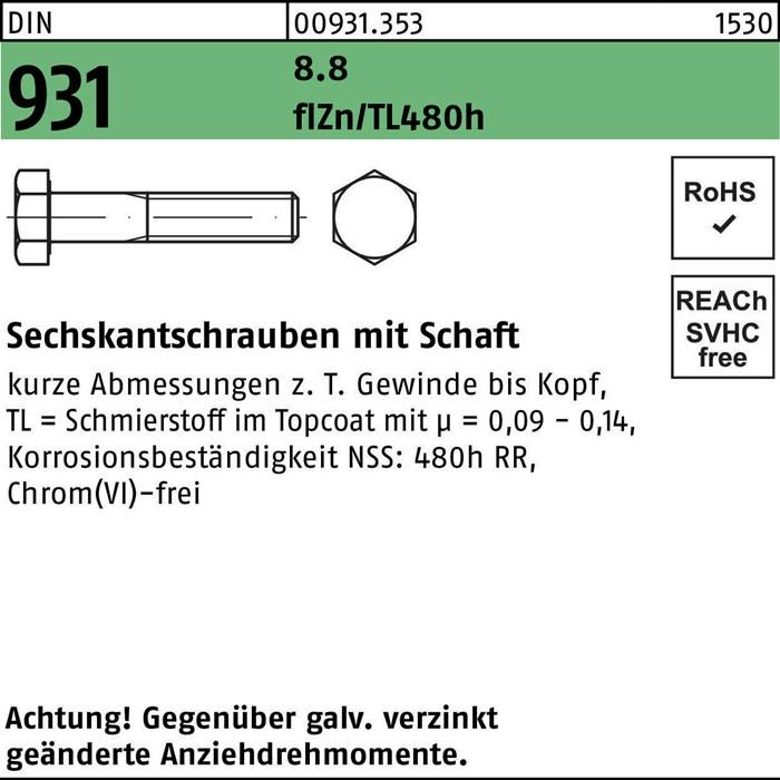 Sechskantschraube DIN 931 Schaft M8x45 8.8 flZnnc 480h-L 200St.