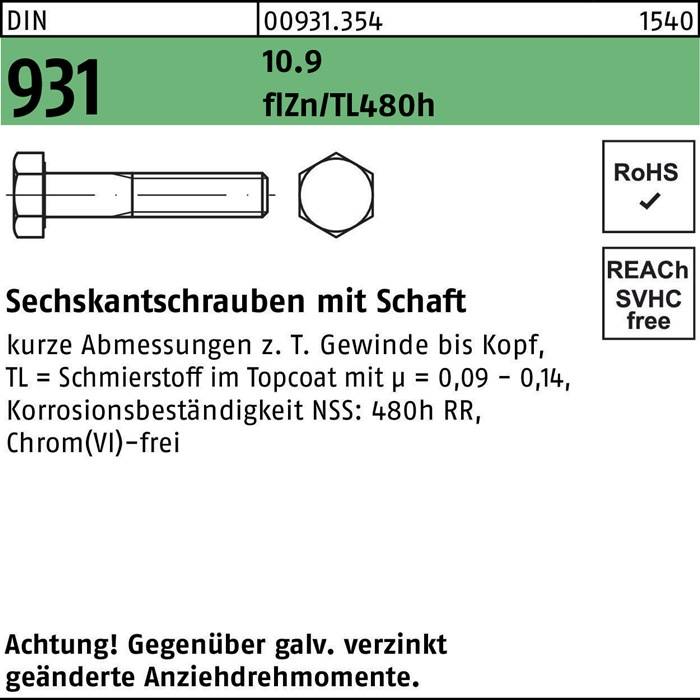 Sechskantschraube DIN 931 Schaft M20x160 10.9 flZnnc 480h-L 10St.