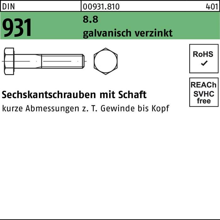 Sechskantschraube DIN 931 Schaft M22x 120 8.8 galv.verz. 10 Stück
