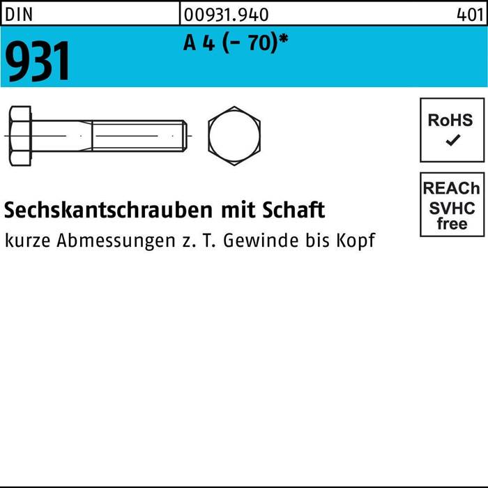 Sechskantschraube DIN 931 m.Schaft M 14 x 150 A 4 (- 70) 10 Stück