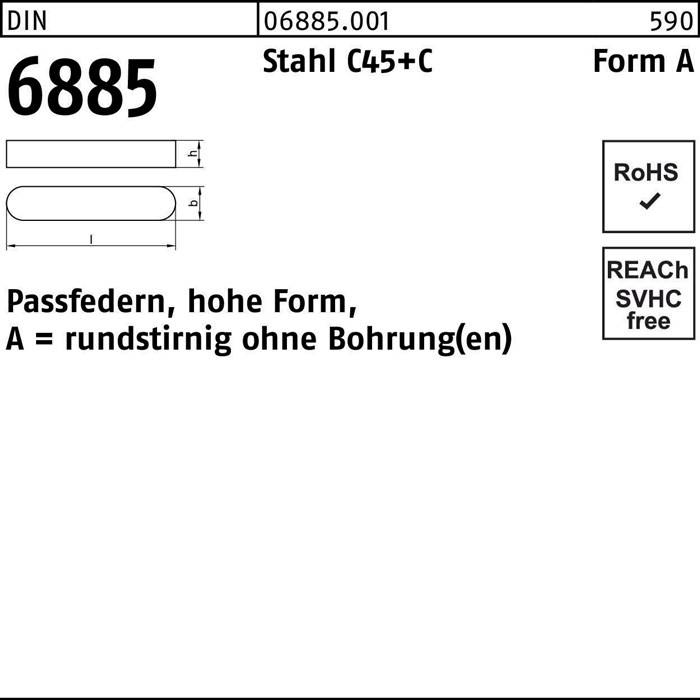 Passfeder DIN 6885 FormA rundstirnig/o.Bohrung A 6x 6x 16 Stahl C45+C 100St.