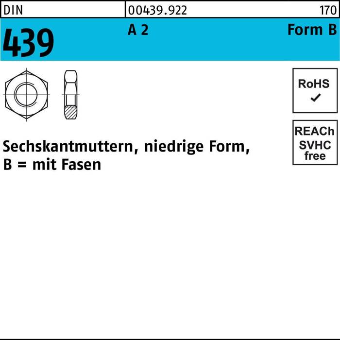 Sechskantmutter DIN 439/ISO 4035 FormB BM 22 A 2 10 Stück