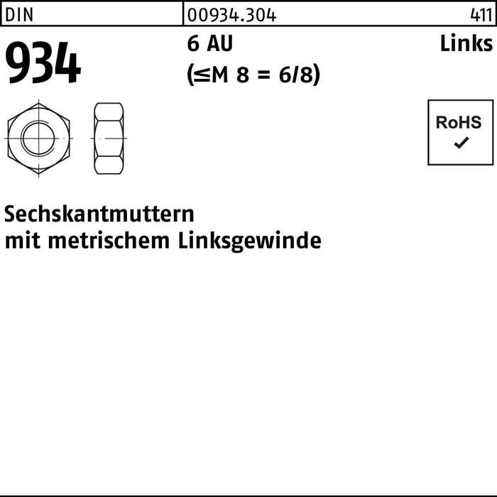 Sechskantmutter DIN 934 links M10 -LH 6 Automatenstahl 100 Stück