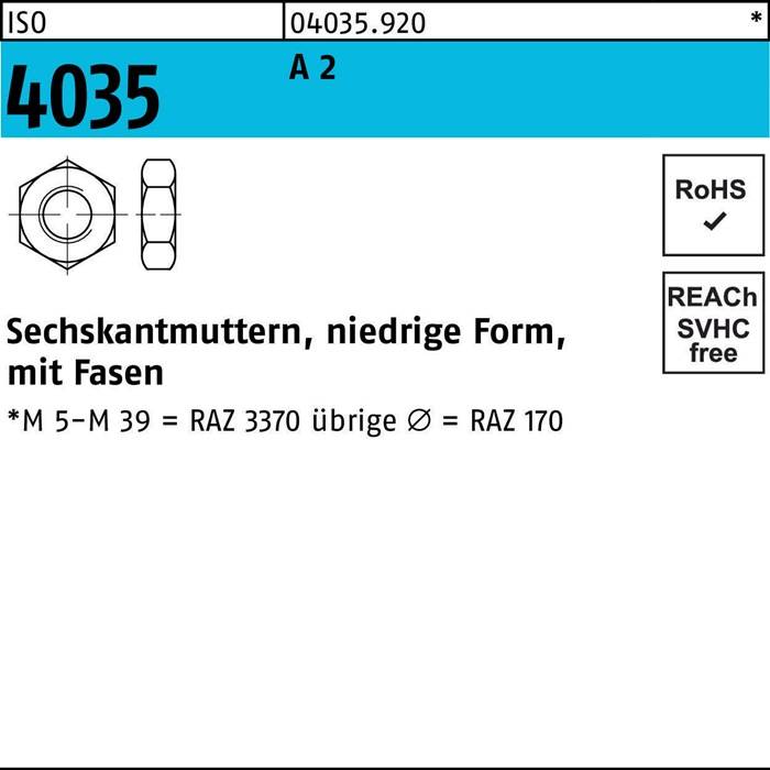 Sechskantmutter ISO 4035 niedrig Fasen M6 A 2 1000 Stück