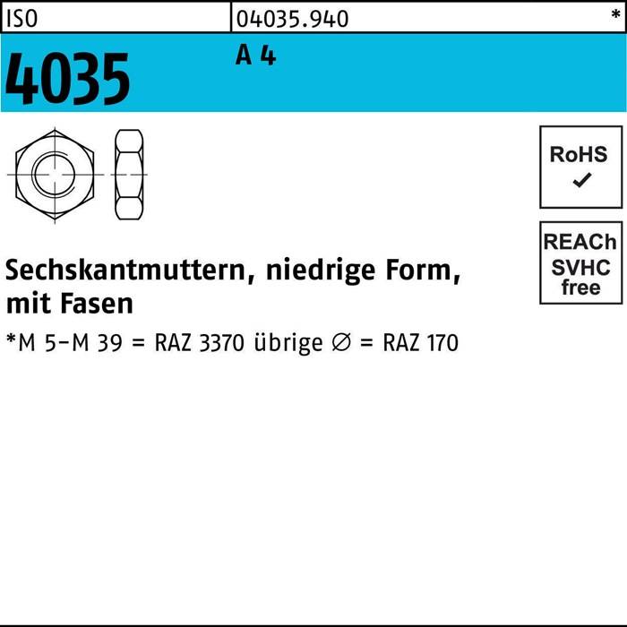 Sechskantmutter ISO 4035 niedrig Fasen M6 A 4 100 Stück