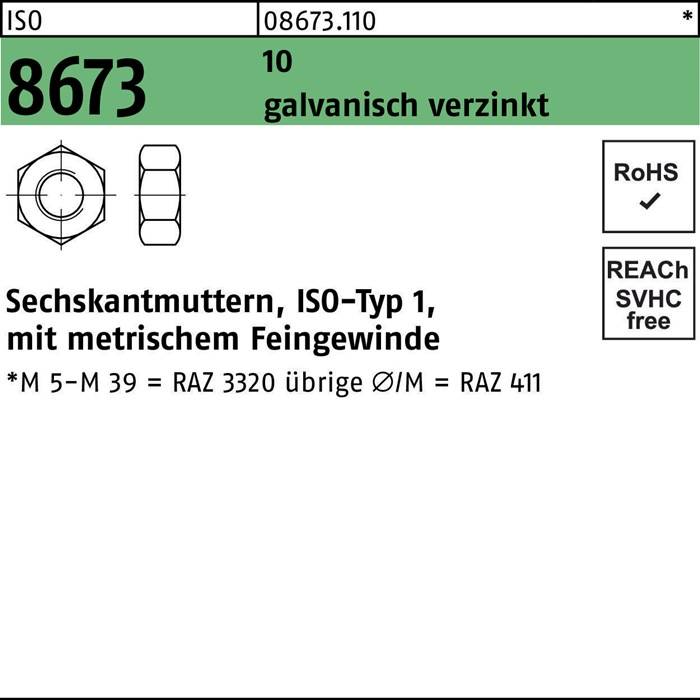 Sechskantmutter ISO 8673 M20x 2 10 galv.verz. 25 Stück