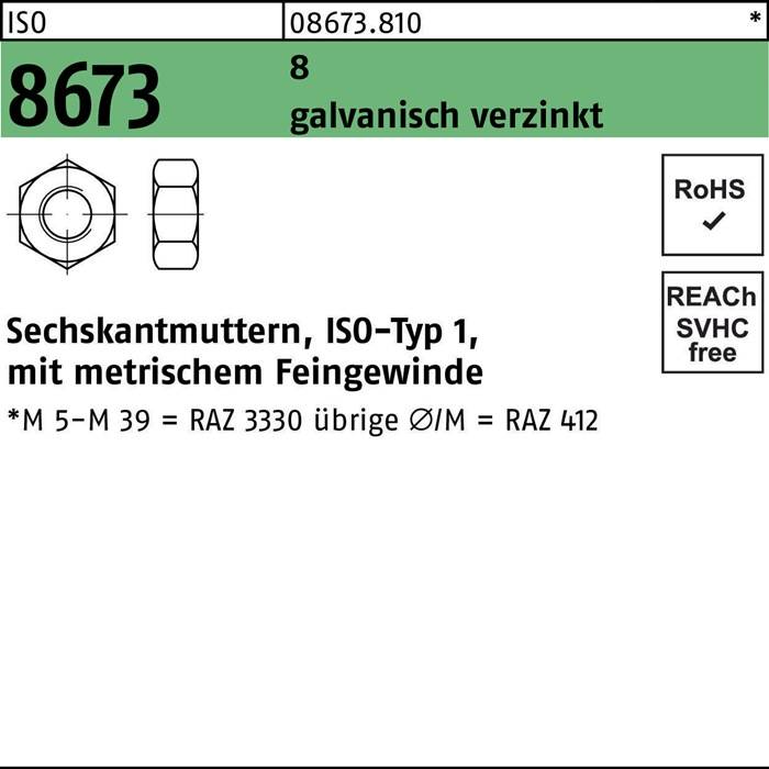 Sechskantmutter ISO 8673 M18x 2 8 galv.verz. 100 Stück