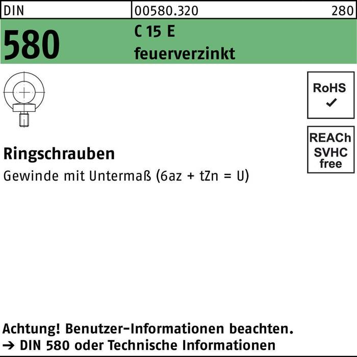 Ringschraube DIN 580 M16 C 15 E feuerverz. 10 Stück